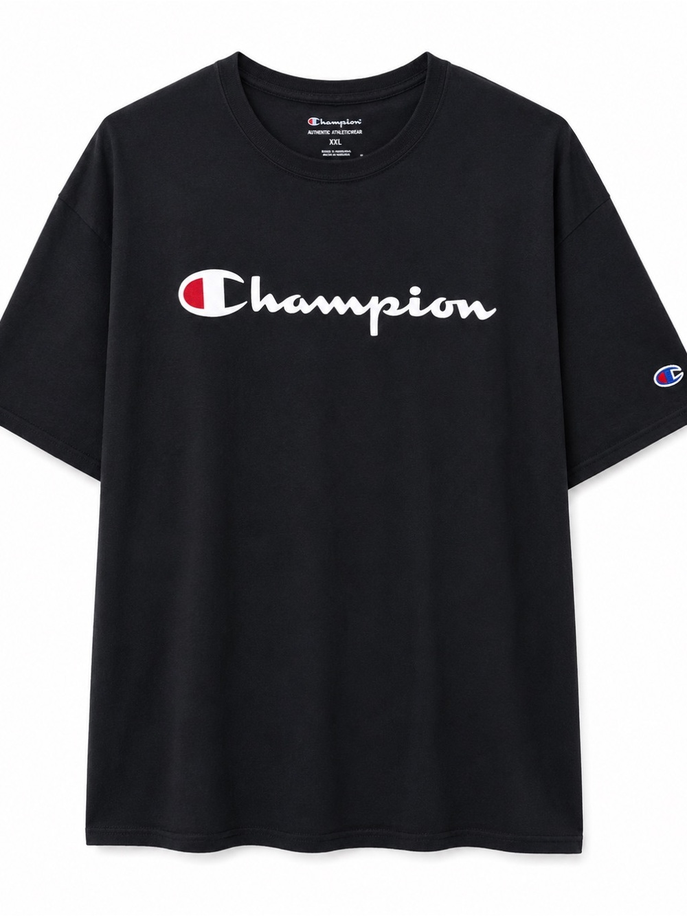 Champion Black Tee with White Script and Red Accent